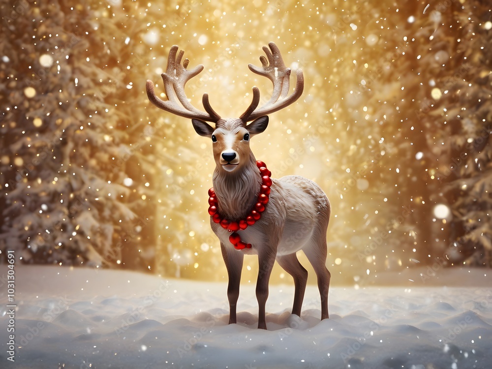 Reindeer in Winter Wonderland with Christmas Lights and Snowfall Reindeer in Winter Wonderland with Christmas Lights and Snowfall