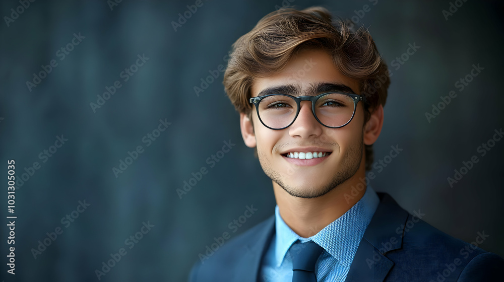A young man in a suit smiling confidently for a portrait. A young man in a suit smiling confidently for a portrait.
