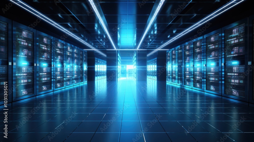 A futuristic server room glowing with blue lights, housing powerful machines critical for advanced AI calculations and data processing. A futuristic server room glowing with blue lights, housing powerful machines critical for advanced AI calculations and data processing.