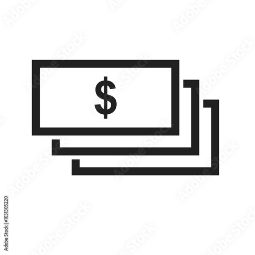 Black and white vector illustration of a stack of money with a dollar sign.