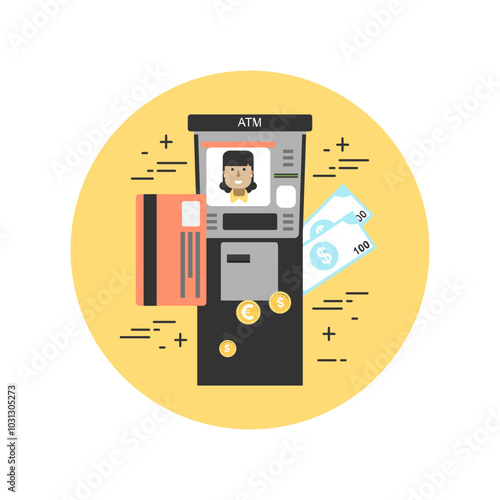 An ATM machine with a credit card, cash and a smiling woman on the screen.