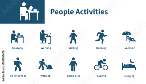 People activity icon. Set of solid vector icons on study, work, run, vacation, sleep.