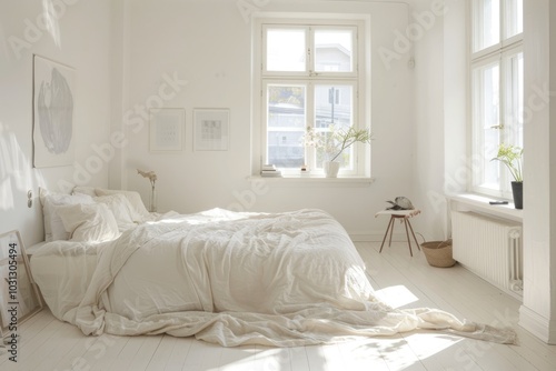 Bright and cozy white bedroom with a minimalist aesthetic and soft decor