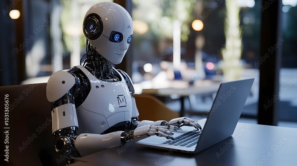White Robot Using a Laptop in a Coffee Shop Setting White Robot Using a Laptop in a Coffee Shop Setting
