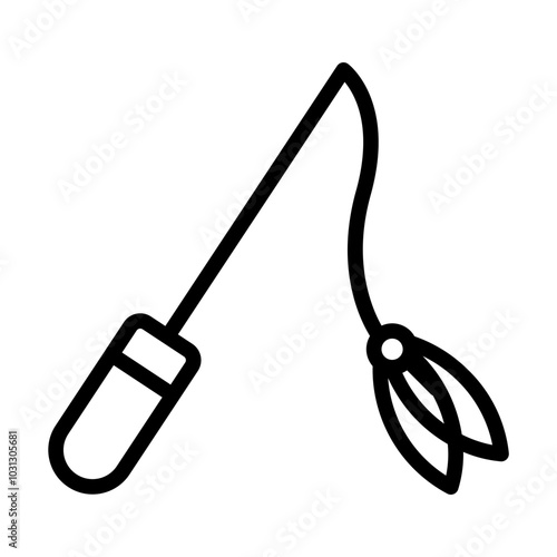 Black and white line drawing of a fishing rod with a line and bobber.