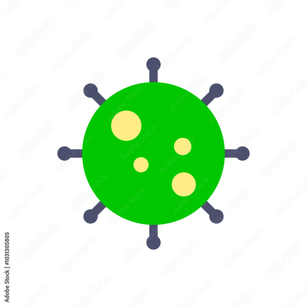 Green cell with yellow circles and blue spikes isolated on a white background. Green cell with yellow circles and blue spikes isolated on a white background.
