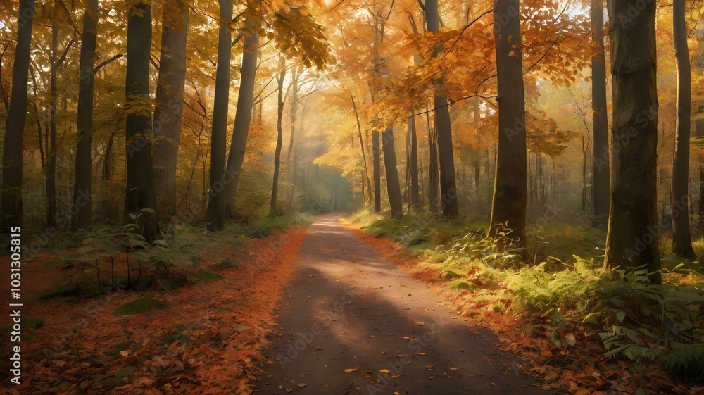 Obraz premium Autumn Forest Path with Golden Light