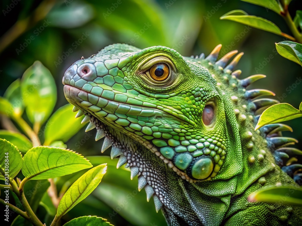 Close-Up of a Green Iguana Camouflaged Among Leaves in Nature Close-Up of a Green Iguana Camouflaged Among Leaves in Nature