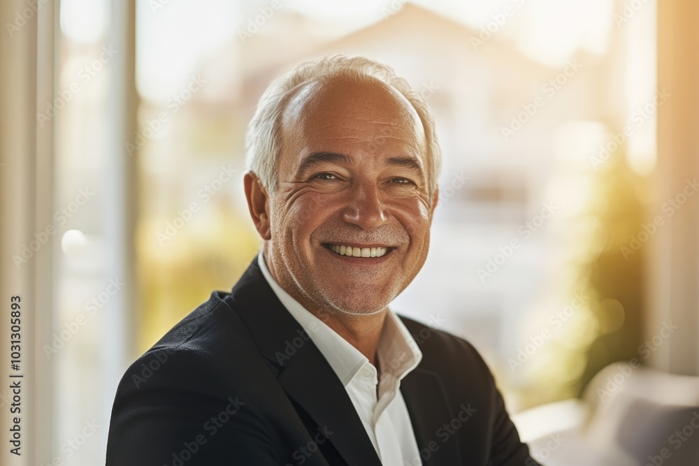 High-resolution brightly lit photorealistic candid photograph of a smiling senior businessman, styled like a high-end lifestyle magazine. The light, cheerful atmosphere complements his joyful High-resolution brightly lit photorealistic candid photograph of a smiling senior businessman, styled like a high-end lifestyle magazine. The light, cheerful atmosphere complements his joyful