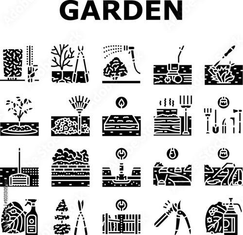 garden maintenance mulching icons set vector. pruning mulching, fertilizing watering, mowing edging, planting trimming, aerating garden maintenance mulching glyph pictogram Illustrations