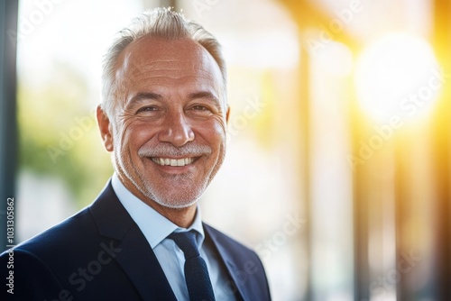 High-resolution brightly lit photorealistic candid photograph of a senior businessman radiating happiness in a high-end lifestyle magazine style. The bright, uplifting ambiance complements his joy. photo