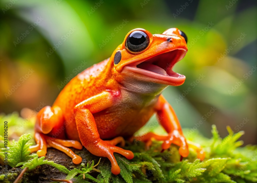 Close Up of an Orange Frog with Mouth Open, Showcasing Vibrant Coloration and Unique Features in Natural Habitat Close Up of an Orange Frog with Mouth Open, Showcasing Vibrant Coloration and Unique Features in Natural Habitat