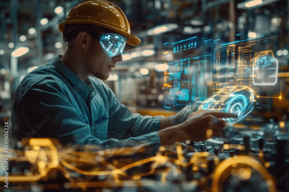 Very realistic and photographic photo of an engineer working with high-tech holographic interfaces in a state-of-the-art electric vehicle factory. The advanced data projections symbolize business Very realistic and photographic photo of an engineer working with high-tech holographic interfaces in a state-of-the-art electric vehicle factory. The advanced data projections symbolize business