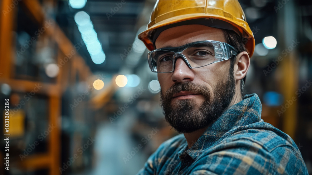 A man in a hardhat and safety glasses looks directly at the camera on a factory floor. A man in a hardhat and safety glasses looks directly at the camera on a factory floor.
