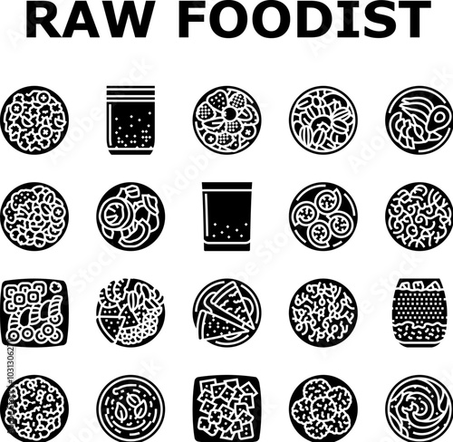 raw foodism food organic icons set vector. vegan detox, cleanse nutrition, superfoods enzymes, sprouts juicing, smoothies raw foodism food organic glyph pictogram Illustrations