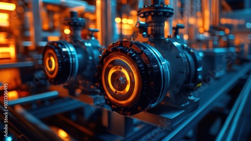 Closeup of industrial machinery with glowing lights in a factory.
