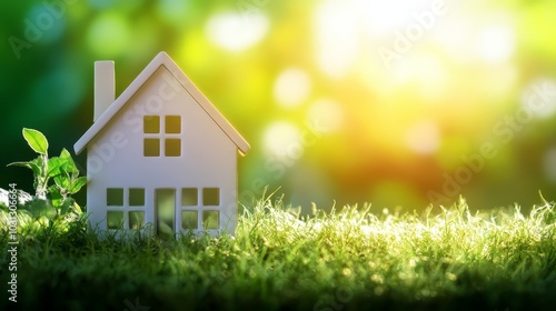 Small White House Model in Lush Green Grass with Sun Rays