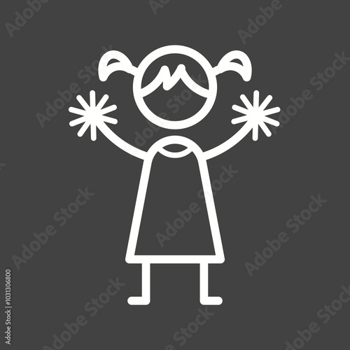 A simple white line drawing of a stick figure girl with pigtails and raised arms, holding something in each hand,  on a grey background.