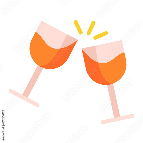 Two orange wine glasses clinking with yellow sparks.