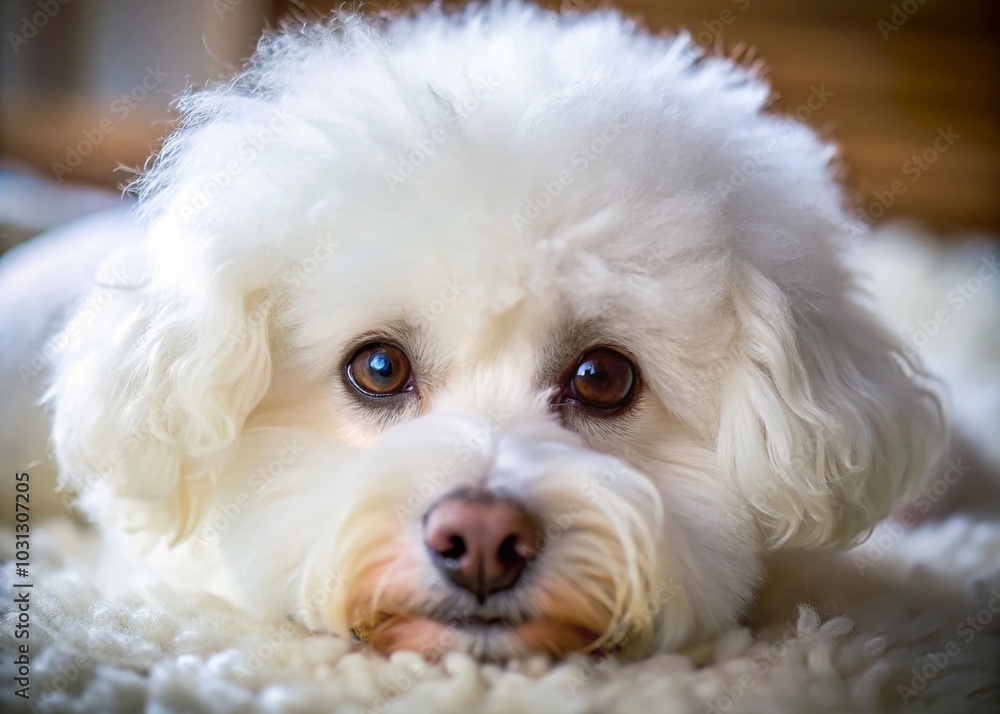 Close Up of Bichon Frise Dog Face Lying Down - Adorable Pet Photography Close Up of Bichon Frise Dog Face Lying Down - Adorable Pet Photography