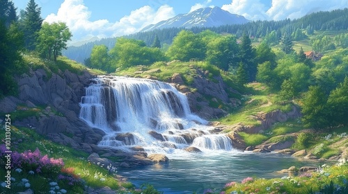 A cascading waterfall flows down a rocky cliff into a pristine mountain lake.