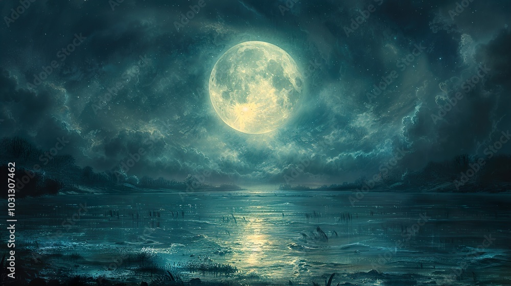 Full Moon Over a Tranquil Lake - Night Sky Landscape Full Moon Over a Tranquil Lake - Night Sky Landscape