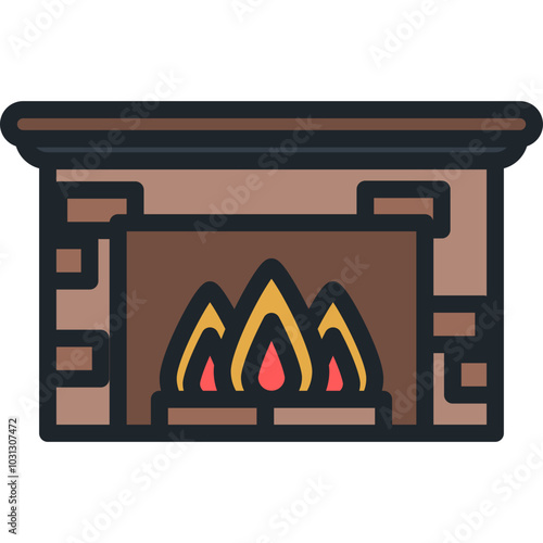 An illustration of a brick fireplace with a fire inside.