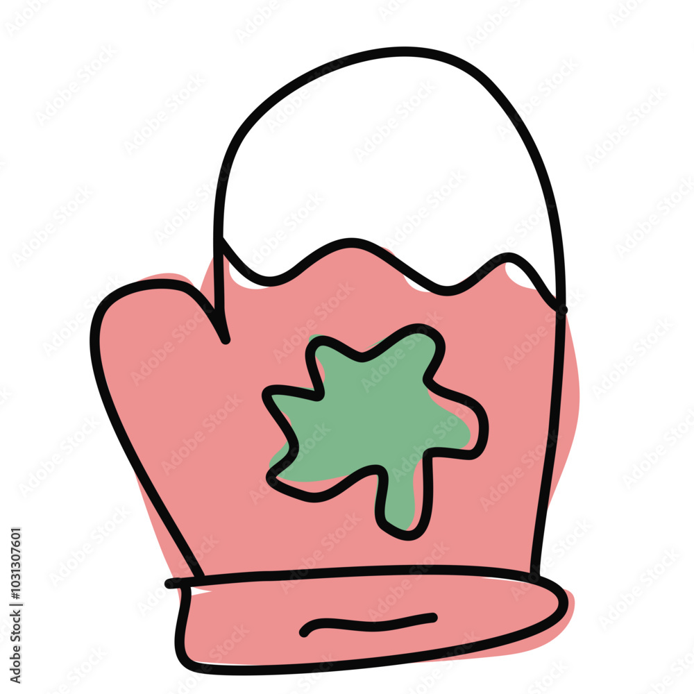 A cartoon illustration of a hand wearing a mitten. The mitten is red and white with a green snowflake on it. A cartoon illustration of a hand wearing a mitten. The mitten is red and white with a green snowflake on it.