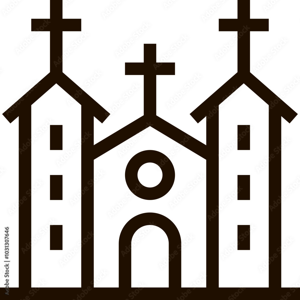 Simple black and white church icon with crosses and a circle in the center. Simple black and white church icon with crosses and a circle in the center.