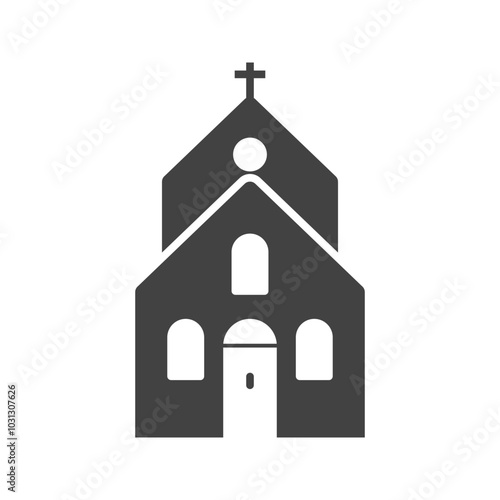 Simple black and white icon of a church building with a cross on top.