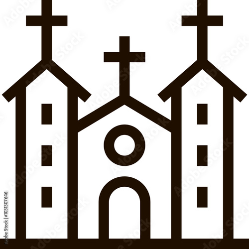 Simple black and white church icon with crosses and a circle in the center.