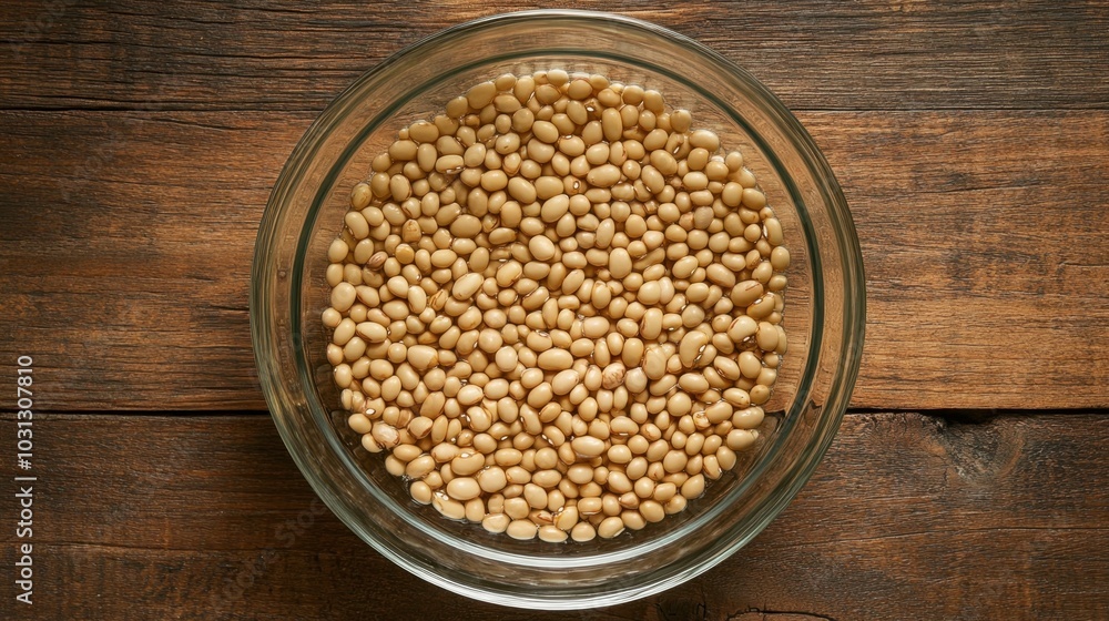 Raw Soybean Seeds in Glass Bowl on Wooden Table Raw Soybean Seeds in Glass Bowl on Wooden Table