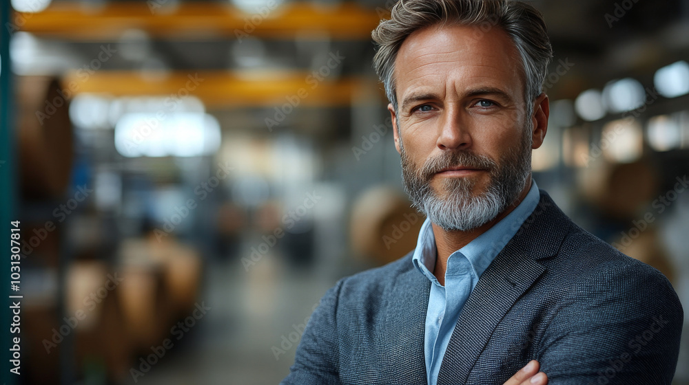 Confident businessman standing in a warehouse. Confident businessman standing in a warehouse.
