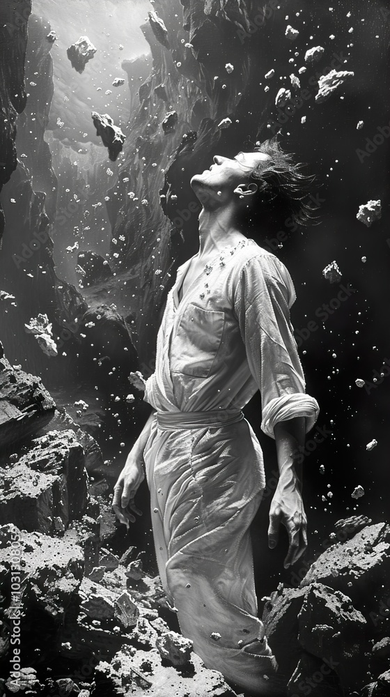 Surreal Black and White Space Dream: Man Floating in a Cosmic Void Surreal Black and White Space Dream: Man Floating in a Cosmic Void
