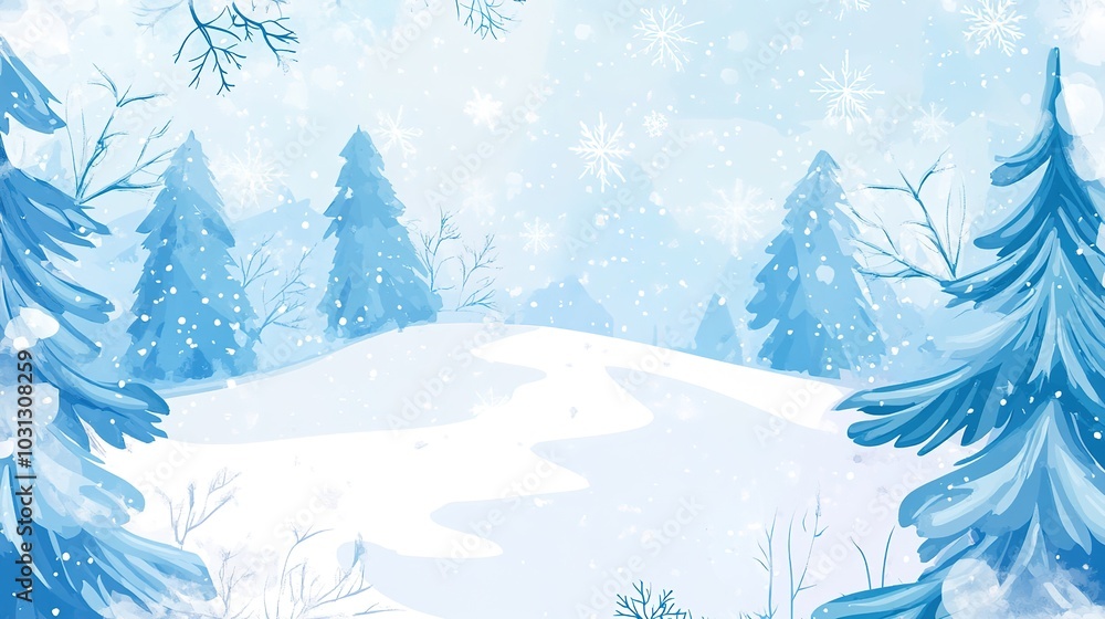 Serene Winter Background with Snow-Covered Trees, Soft Falling Snowflakes, and a Frosty White Landscape. The Scene Features Crisp, Clear Blue Skies and Gentle Sunlight Filtering Serene Winter Background with Snow-Covered Trees, Soft Falling Snowflakes, and a Frosty White Landscape. The Scene Features Crisp, Clear Blue Skies and Gentle Sunlight Filtering