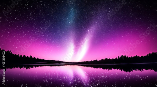 Wallpaper Mural A serene lake reflects the vibrant pink and purple hues of the night sky, dotted with countless stars. Torontodigital.ca