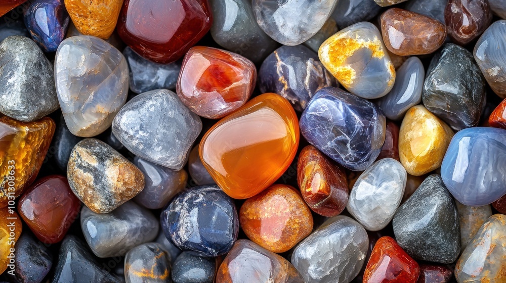 A close-up of colorful polished stones, with smooth, rounded surfaces and a variety of colors and patterns. A close-up of colorful polished stones, with smooth, rounded surfaces and a variety of colors and patterns.
