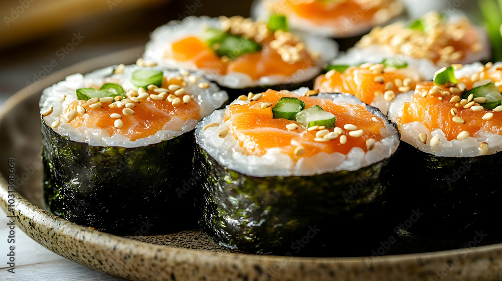 Delicious sushi rolls topped with salmon and sesame seeds. Delicious sushi rolls topped with salmon and sesame seeds.