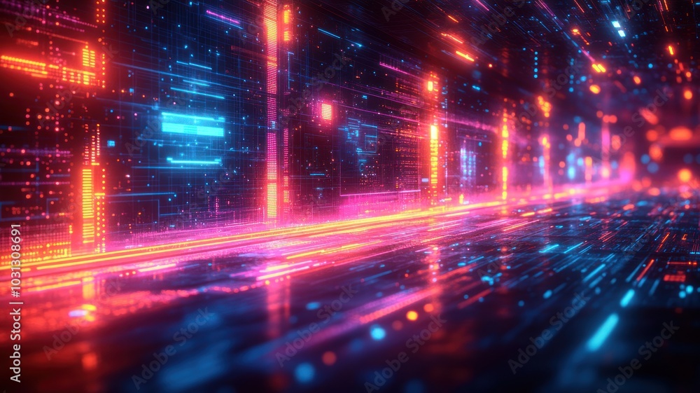Futuristic digital landscape with glowing lines and data patterns. Futuristic digital landscape with glowing lines and data patterns.