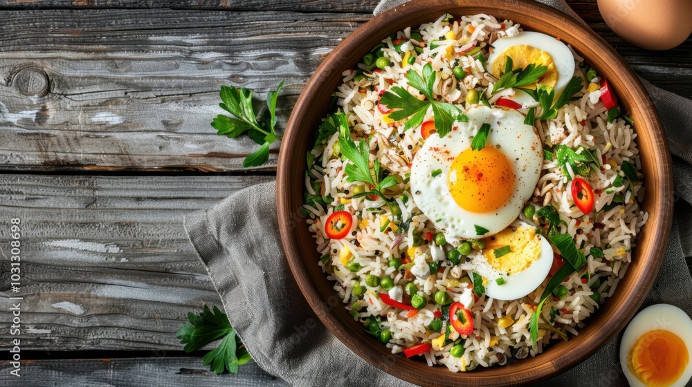 Delicious rice bowl with egg and fresh herbs Delicious rice bowl with egg and fresh herbs