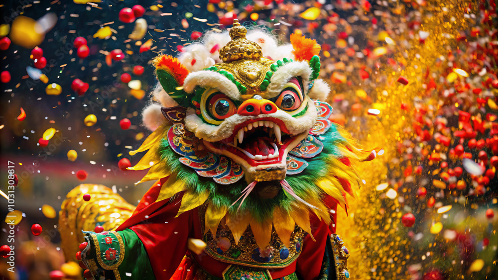 Vibrant colors explode in whirlwind of energy as traditional lion dance performer captivates audience. festive atmosphere is filled with confetti and excitement Vibrant colors explode in whirlwind of energy as traditional lion dance performer captivates audience. festive atmosphere is filled with confetti and excitement
