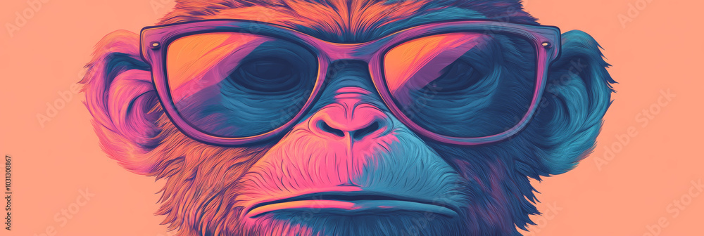 Cool monkey wearing sunglasses with a pink and blue color scheme. Cool monkey wearing sunglasses with a pink and blue color scheme.
