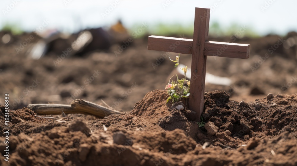 A fresh grave with a wooden cross stands solemnly under a wide sky, evoking themes of remembrance and finality.