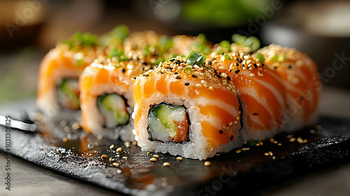 Sushi rolls topped with sal...