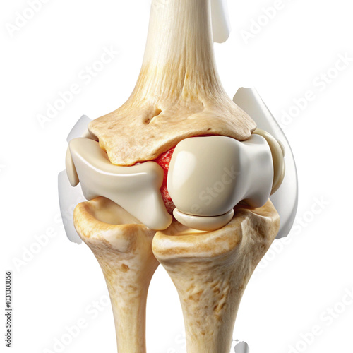 Anatomical illustration of knee joint cartilage, focusing on bone structure and connective tissues. photo