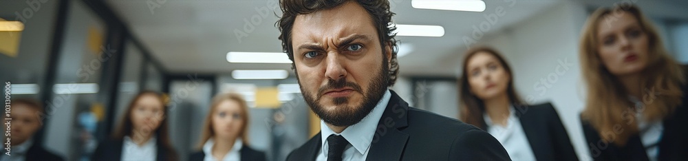 Fierce Boss with Strong Gaze in Office Setting Fierce Boss with Strong Gaze in Office Setting