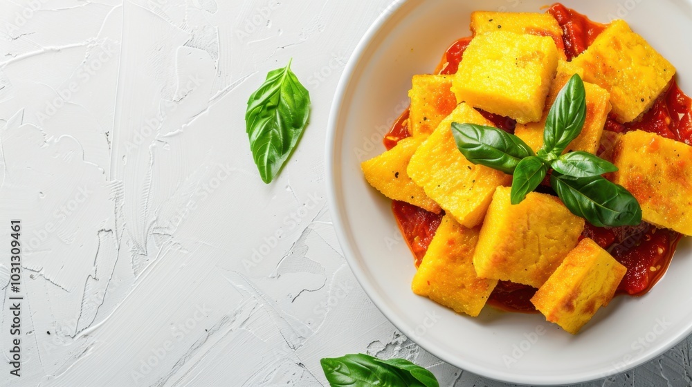 Savory Polenta Squares with Tomato Sauce and Basil Savory Polenta Squares with Tomato Sauce and Basil