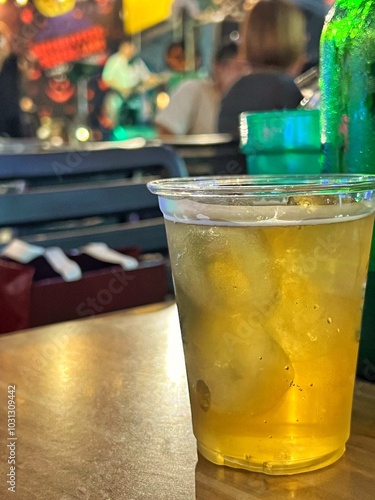 Beer garden in a winter atmosphere with beautiful music and singing. Provide a nice, party atmosphere to hang out with friends for happiness.