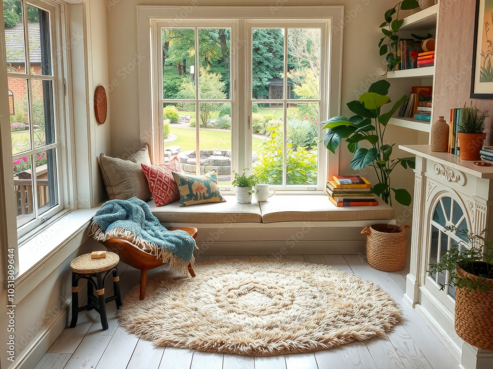 A cozy living room with a rug in the center and a fireplace. There are several books scattered around the room, and a potted plant is placed near the window. The room has a warm