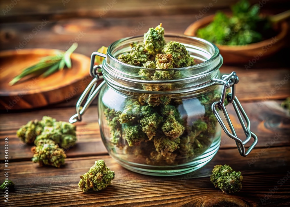 Closeup of Medical Marijuana Buds in Glass Jar on Wooden Table for Wellness and Healing
